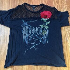 Forever 21 Black Mesh Top with Red Rose Accent